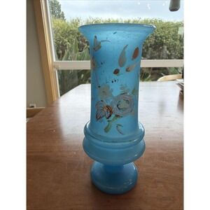 Victorian Blue Opaline Hand Painted Vase c.‎ 1880 French Pontil 6" Initial R